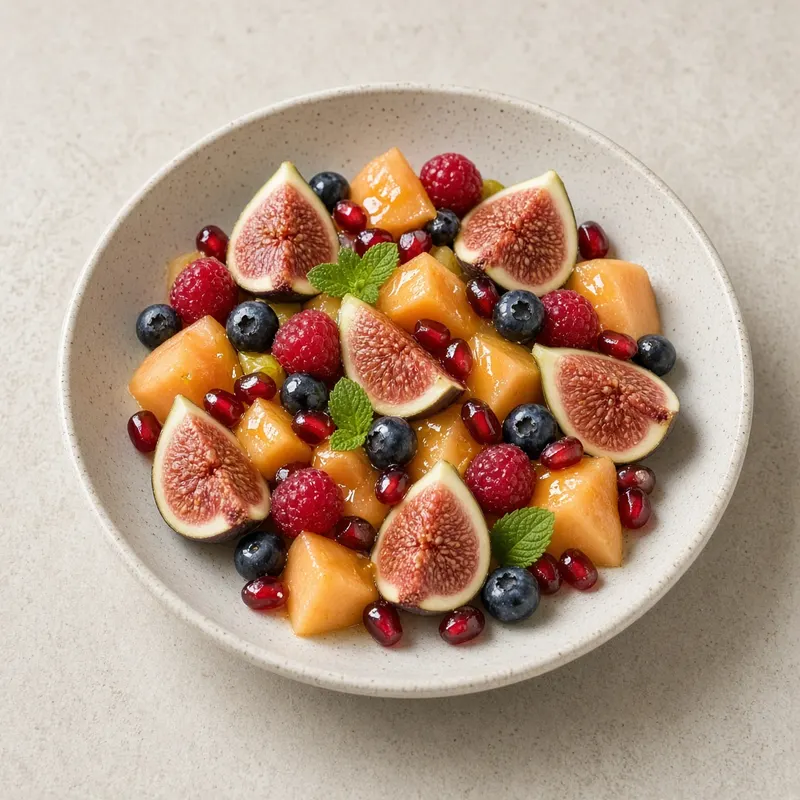 A bowl of fresh fruit salad with figs, berries, melon, and mint