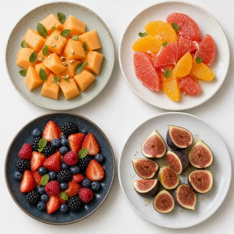 Several small plates of fruit salad with melon, citrus, berries, and figs