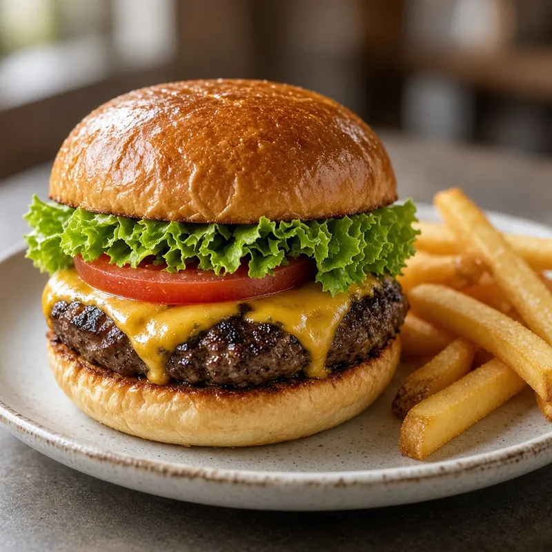 A hamburger with cheese, lettuce, and tomato, served with fries