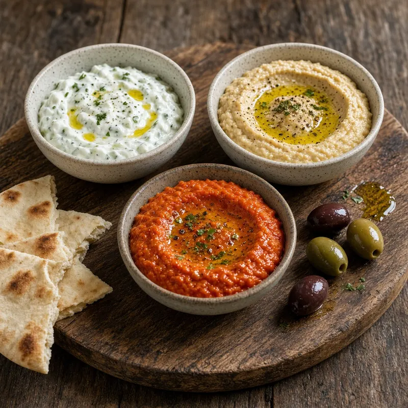 Three bowls of Greek dips with pita, olive oil, and olives