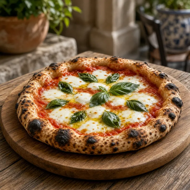 Wood-fired pizza with tomato, basil, and olive oil