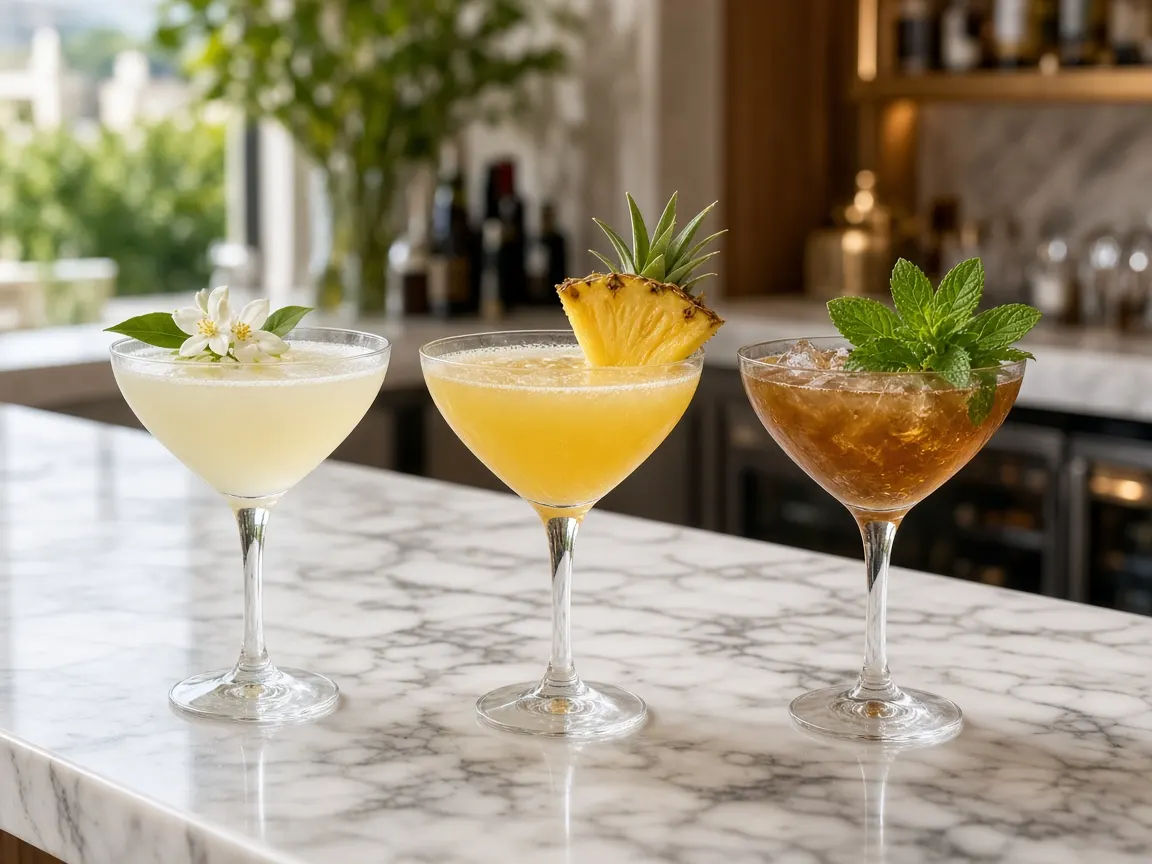 Three signature cocktails in a row on a marble bar